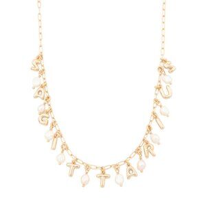 NWT LUNA NORTE Sagittarius Gold Tone Astrology Pearl Letter Necklace w/ Gift Box